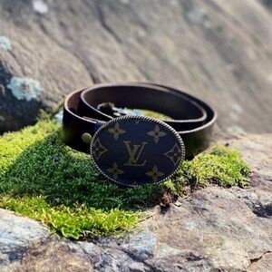 Upcycled harvested Louis Vuitton Revamped handcut leather belt w/ trophy buckle